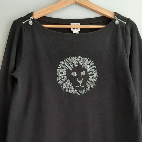 ANNE KLEIN / Micro Gem Studded Lion Logo Boat Neck Black Tee Sz S - Picture 2 of 11